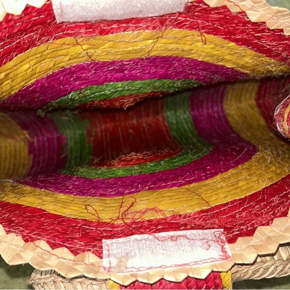 Rainbow Shaped Pink Yellow Green Straw Rattan Scalloped Handbag Clutch Tote Bag - Picture 11 of 11